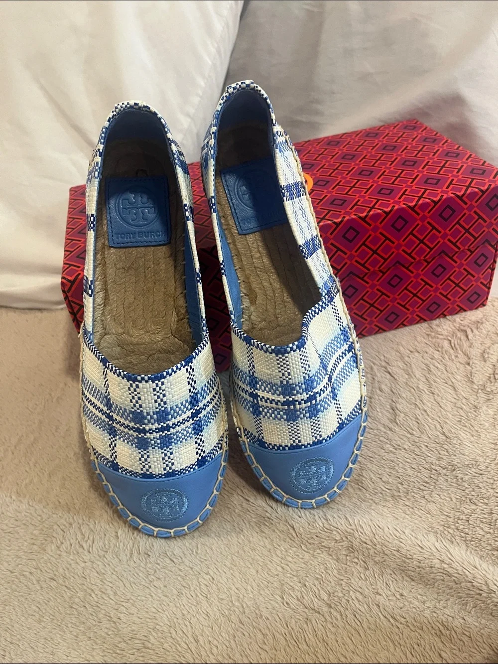 Tory Burch Blue and Cream Plaid Espadrilles